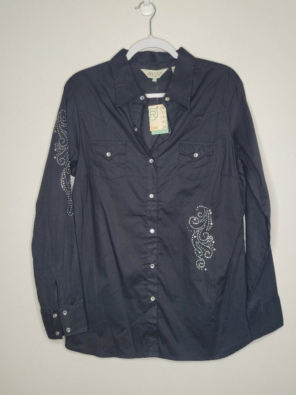 Roper women's black sparkly snap front long sleeve rodeo western top size large
